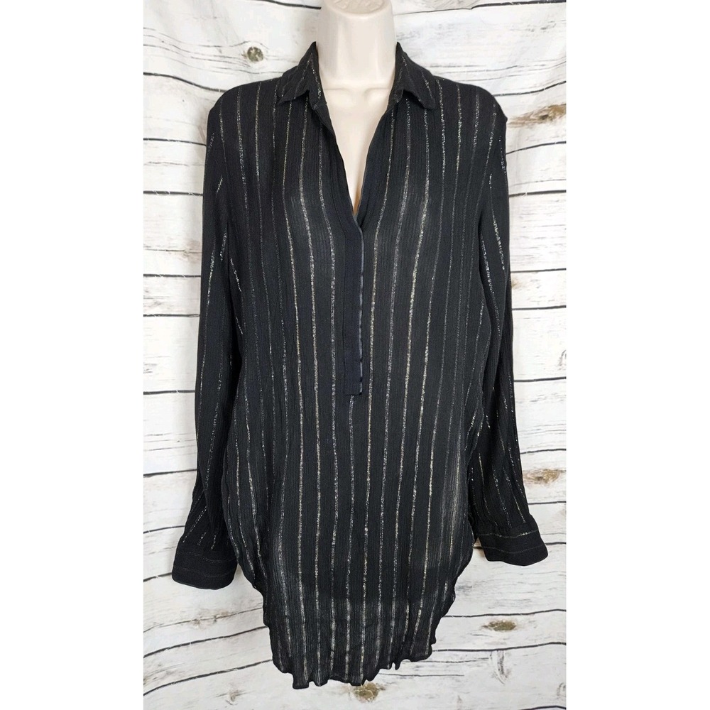 Allsaints Black Keri Metallic Striped Top M Tunic V-Neck Viscose Womens
